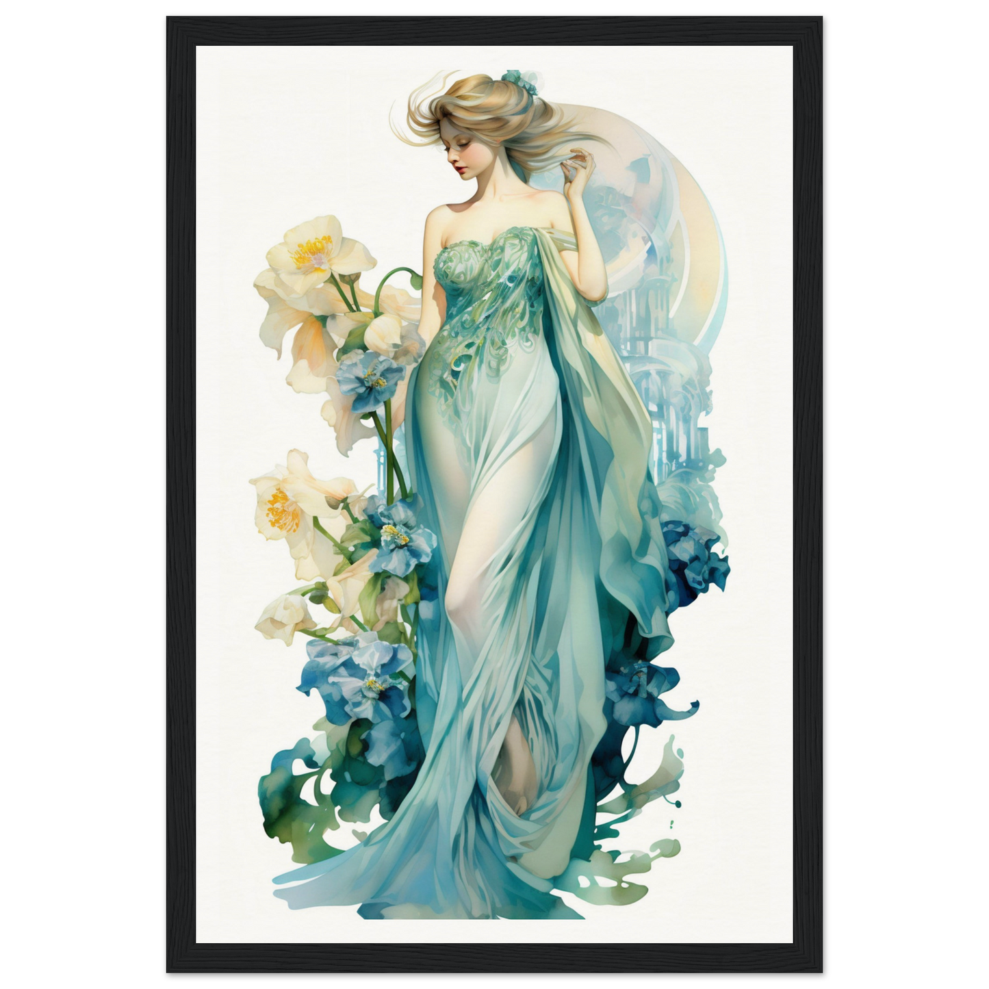 Elegant woman in a flowing teal gown surrounded by floral elements.