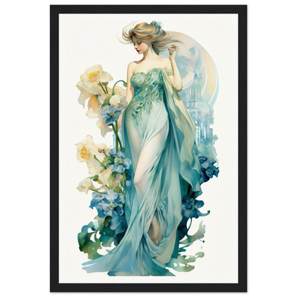 Elegant woman in a flowing teal gown surrounded by floral elements.