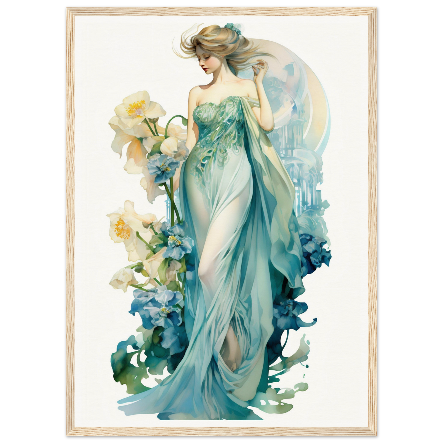 Elegant woman in a flowing teal gown surrounded by floral elements.