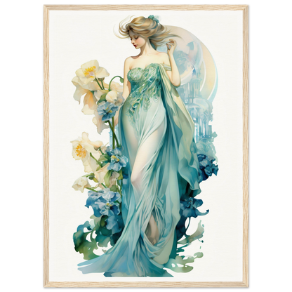 Elegant woman in a flowing teal gown surrounded by floral elements.