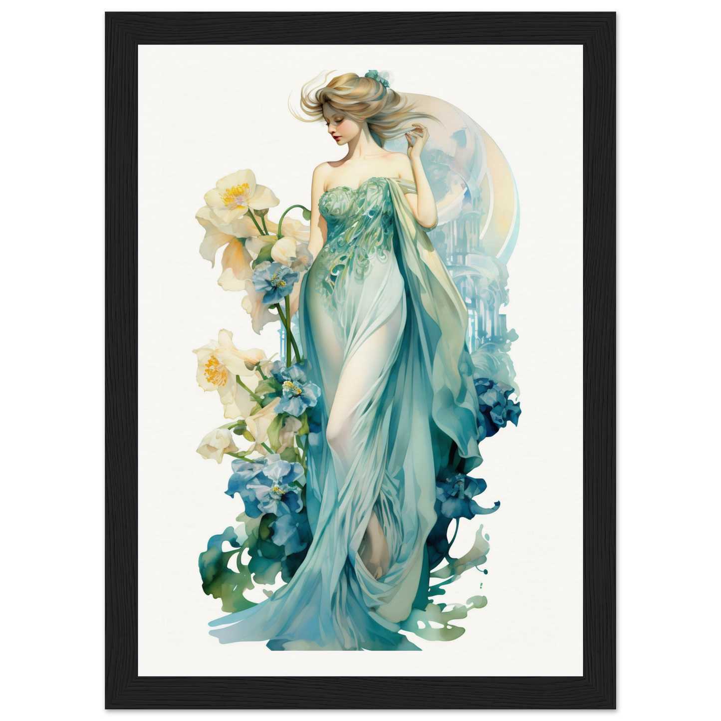 Elegant woman in a flowing teal gown surrounded by floral elements.