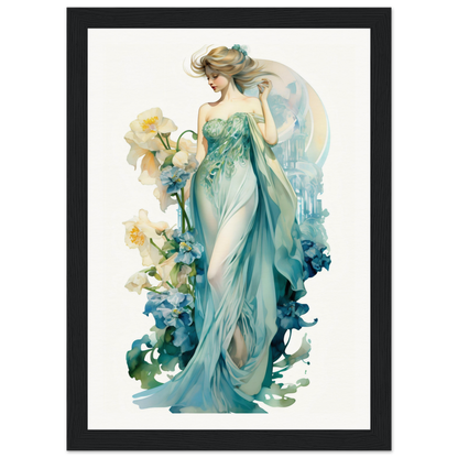 Elegant woman in a flowing teal gown surrounded by floral elements.