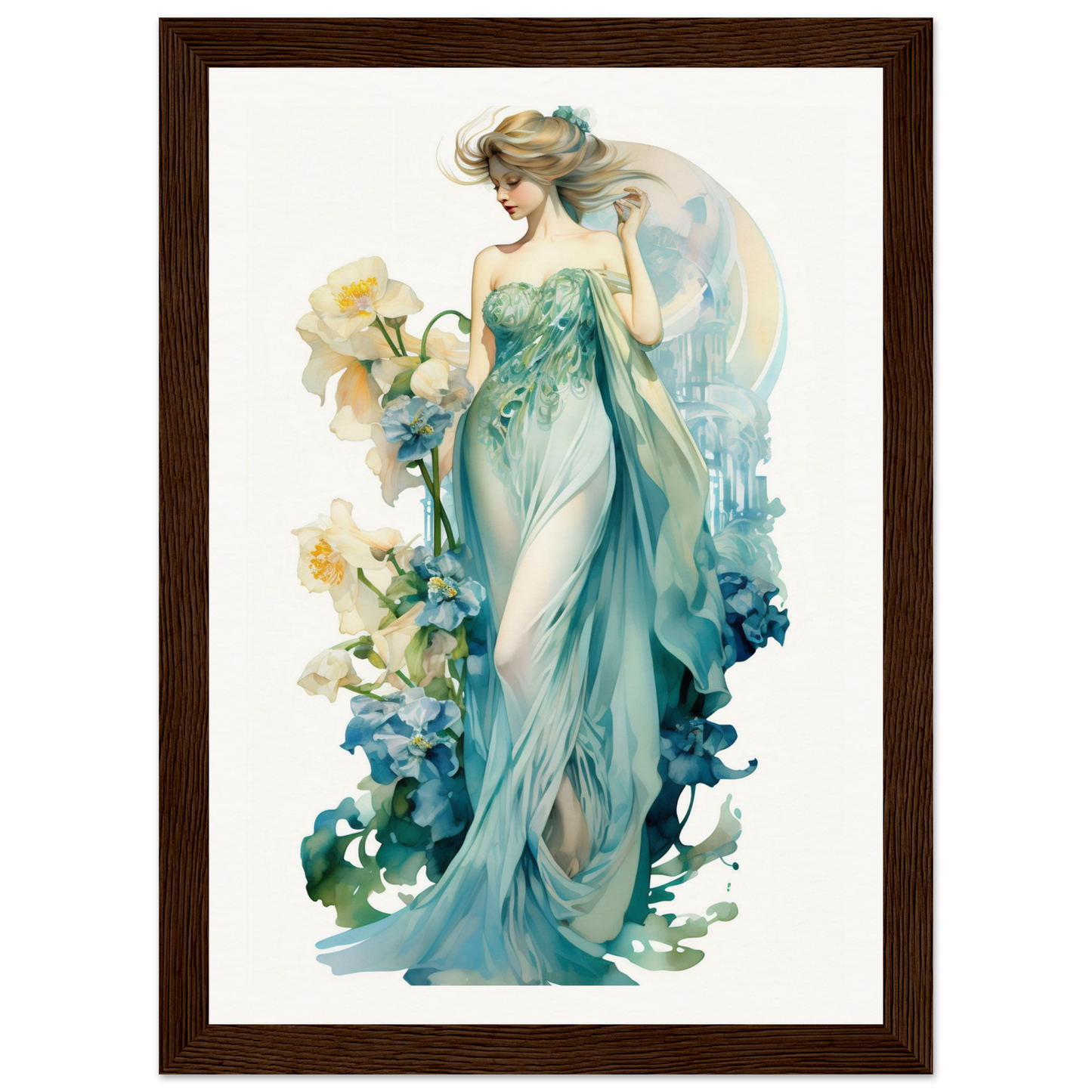 Ethereal female figure in a flowing teal gown surrounded by floral elements.