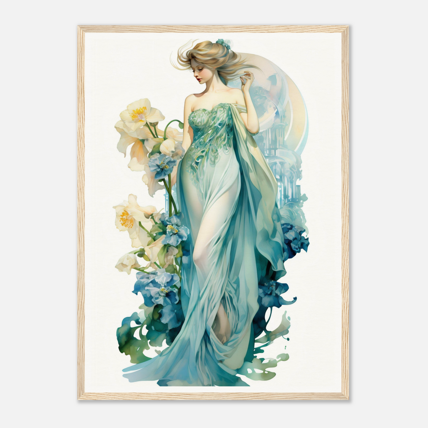 Ethereal female figure in a flowing teal gown surrounded by floral elements.