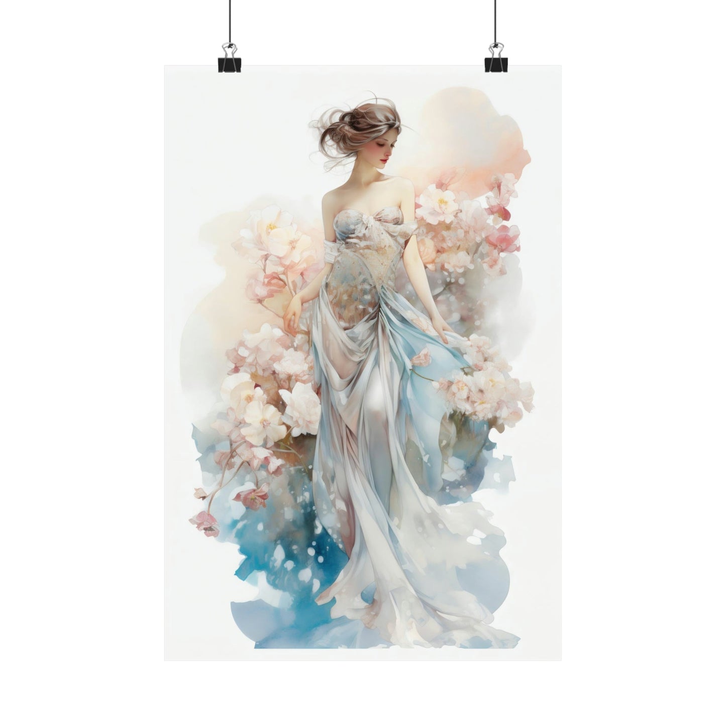 Watercolor painting of an elegant woman in a flowing dress surrounded by soft floral elements.