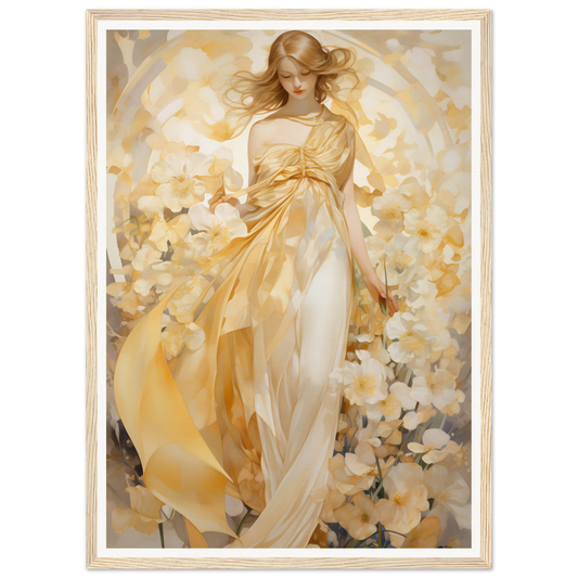 Ethereal female figure in flowing golden robes surrounded by soft light and floral elements.