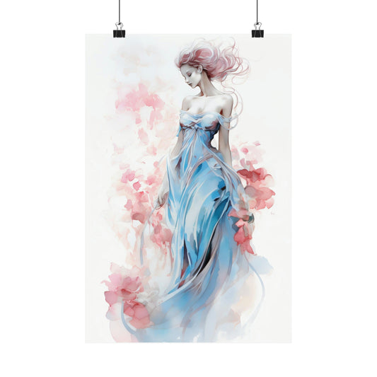 Watercolor painting of an elegant woman in a flowing blue dress with pink floral accents.