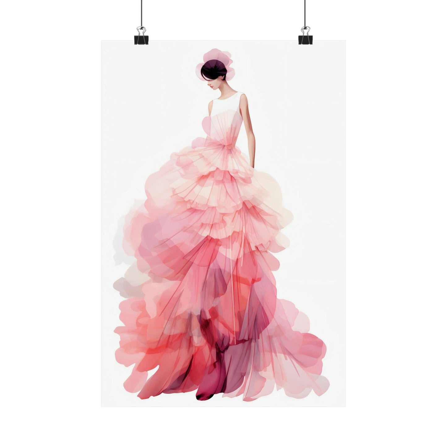 Watercolor-style illustration of a figure wearing a flowing pink gown with voluminous ruffled layers.