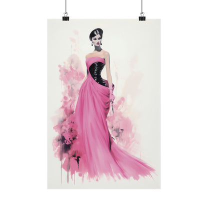 Fashion illustration of a woman in a flowing pink gown with a black corset-style bodice.