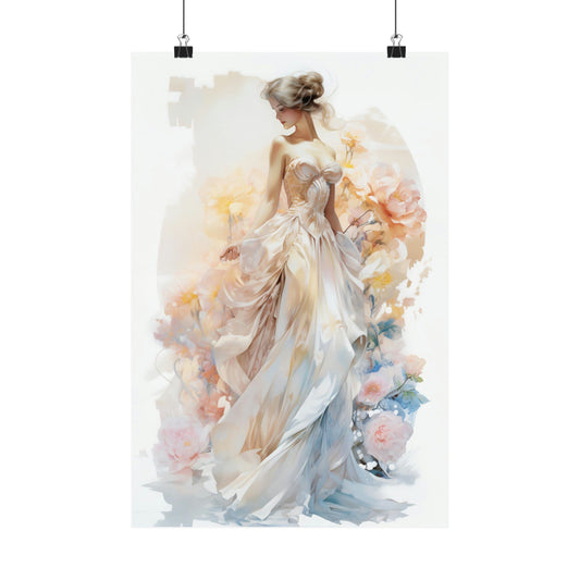 Watercolor painting of an elegant woman in a flowing white dress.