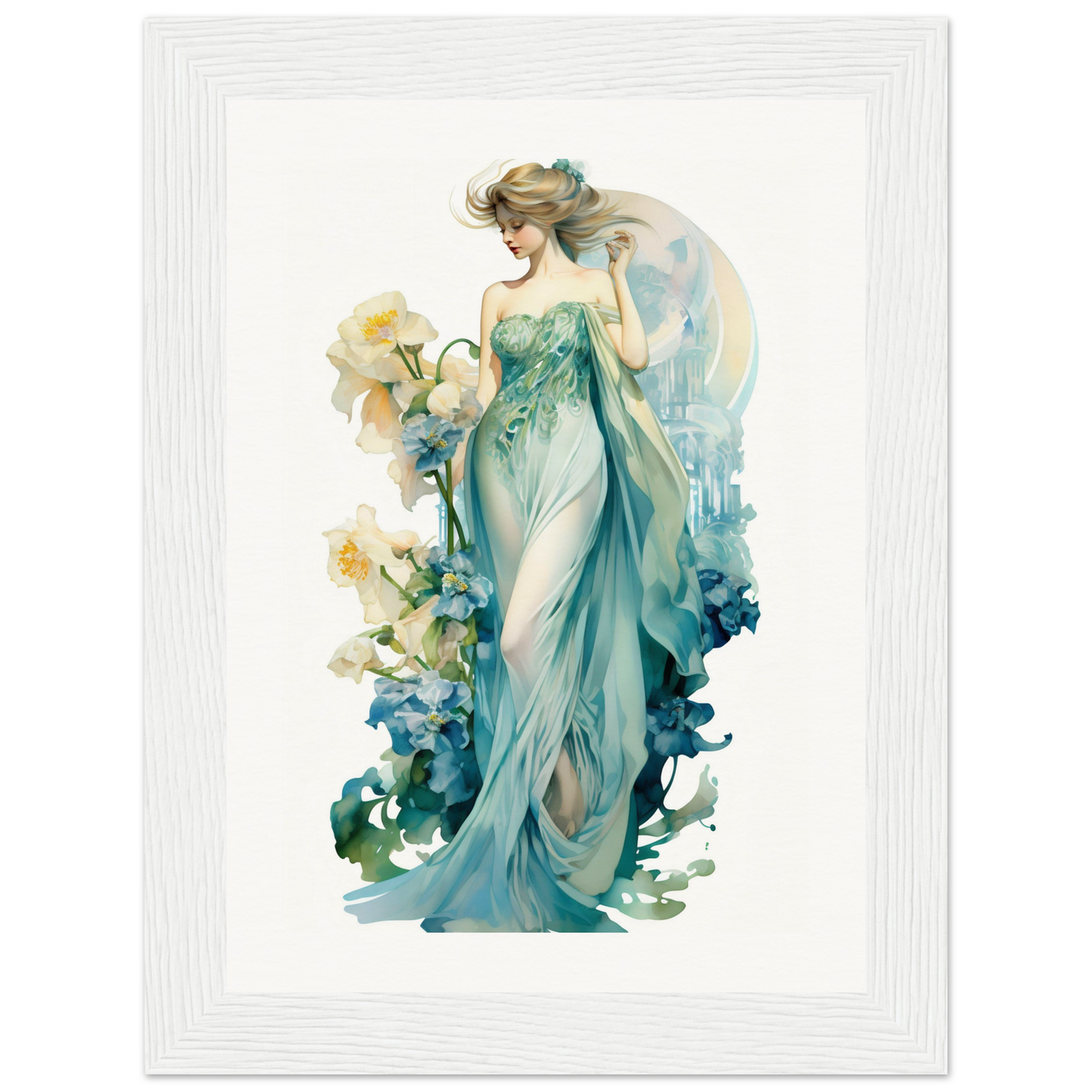 Ethereal watercolor painting of a woman in a flowing teal gown surrounded by floral elements.