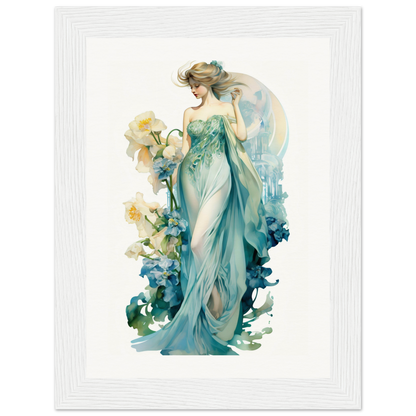 Ethereal watercolor painting of a woman in a flowing teal gown surrounded by floral elements.