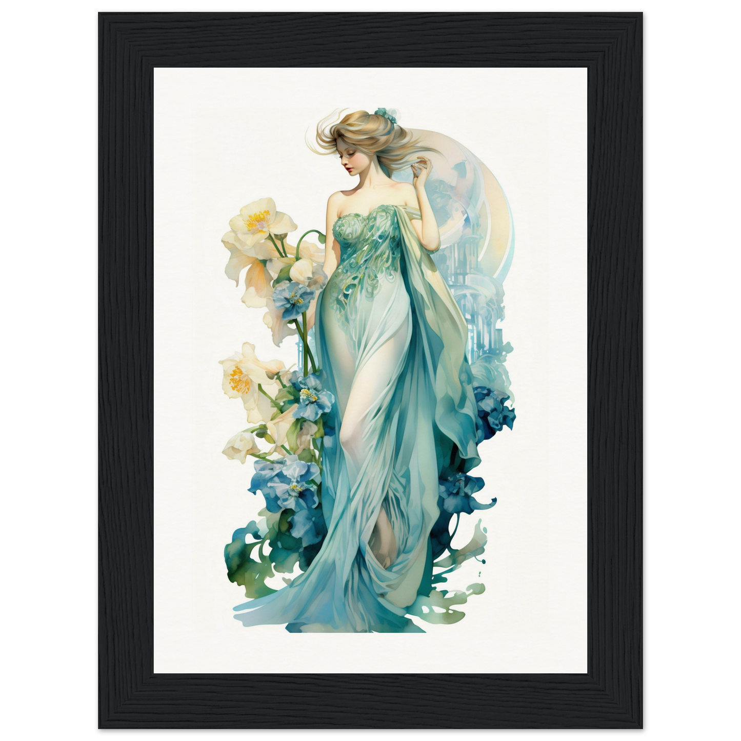 Ethereal watercolor painting of a woman in a flowing teal gown surrounded by floral elements.