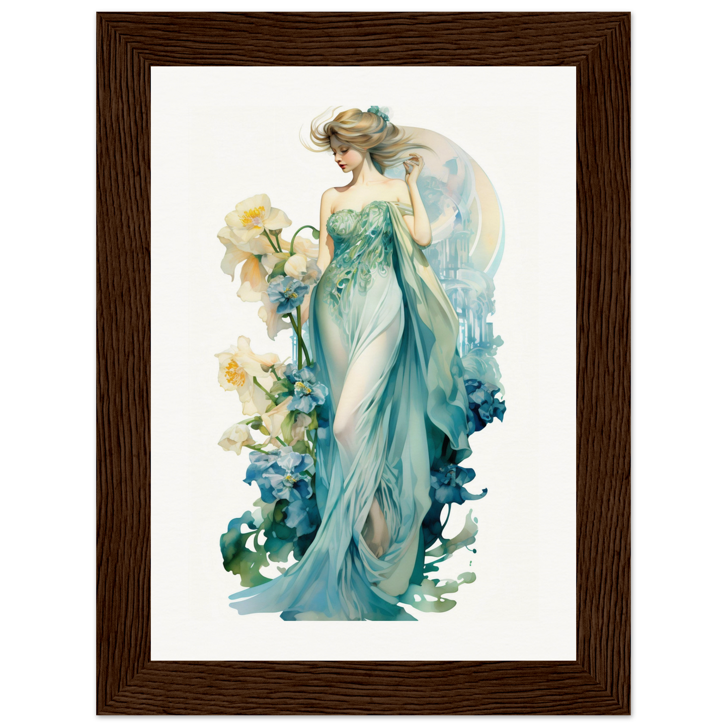 Elegant watercolor painting of a woman in a flowing teal gown surrounded by floral elements.