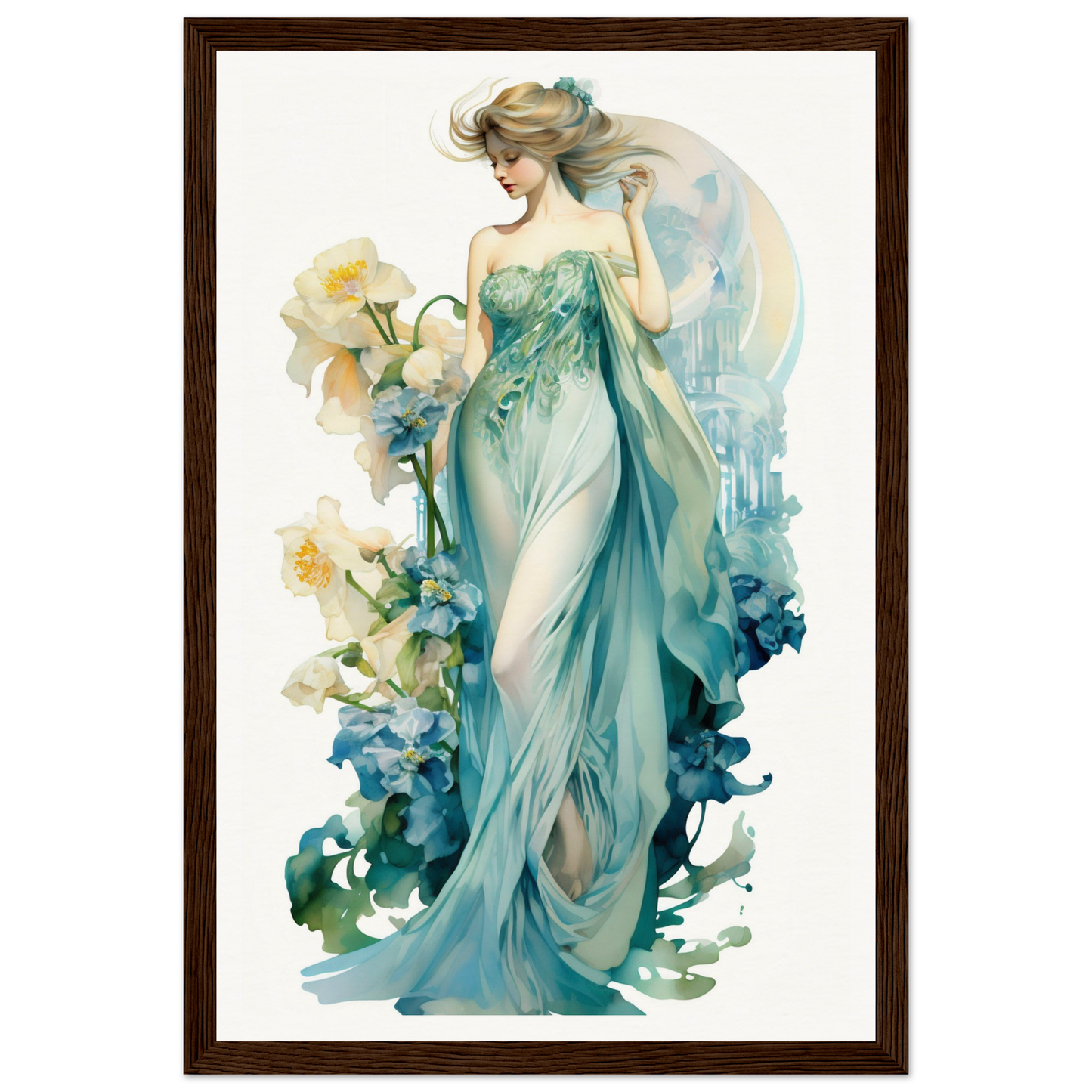 Elegant woman in a flowing teal gown holding yellow flowers.