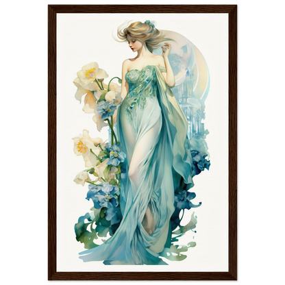 Elegant woman in a flowing teal gown holding yellow flowers.