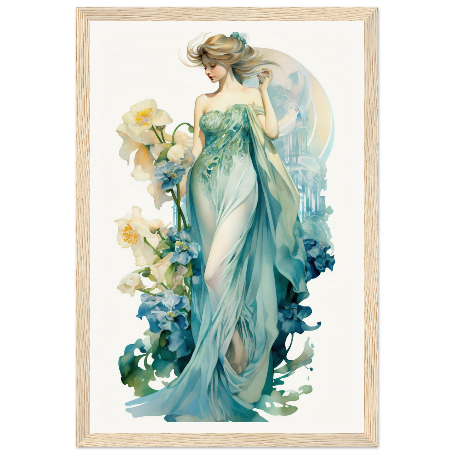 Elegant woman in a flowing teal gown surrounded by floral elements.