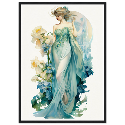 Elegant woman in a flowing teal gown surrounded by floral elements.