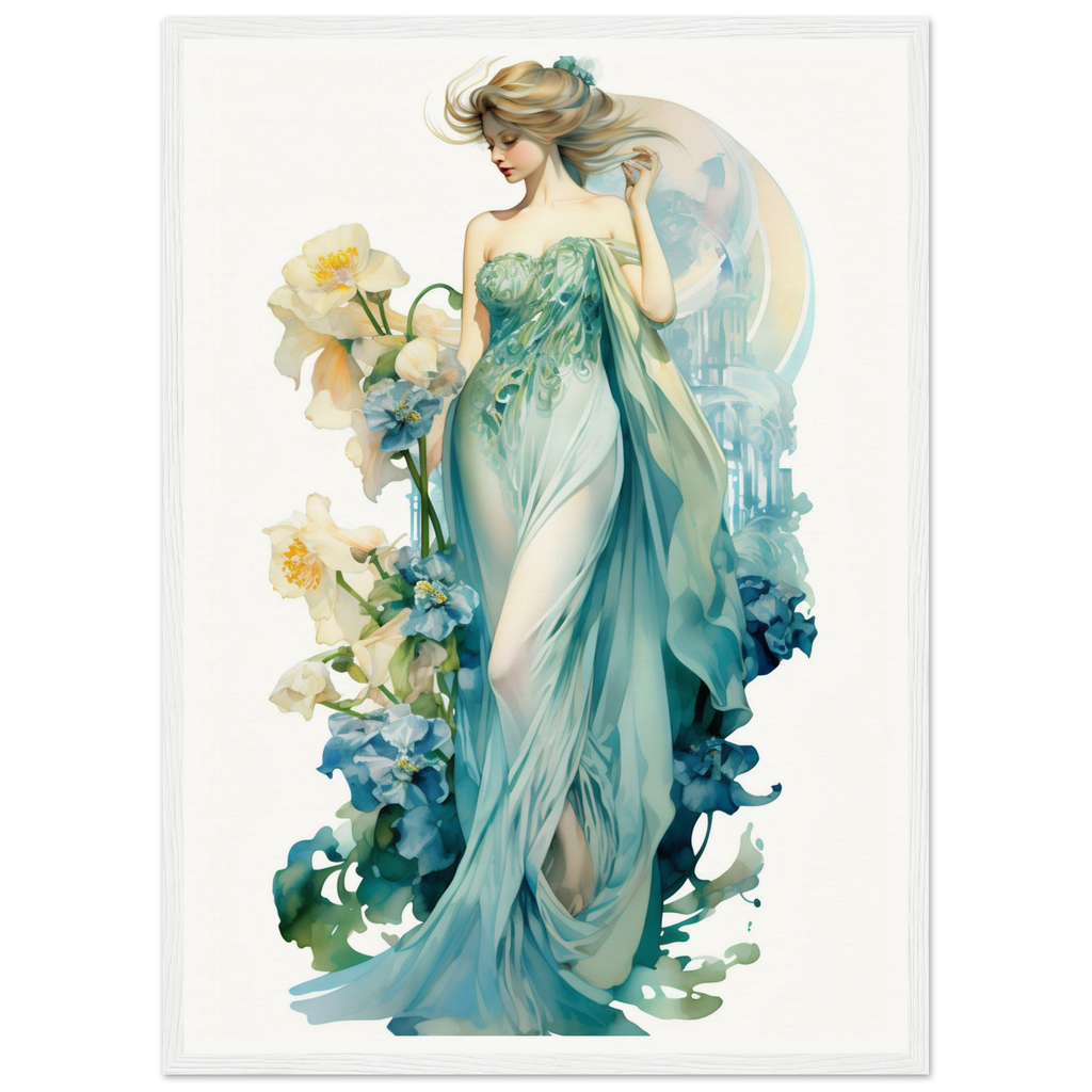 Elegant woman in a flowing teal gown surrounded by floral elements.