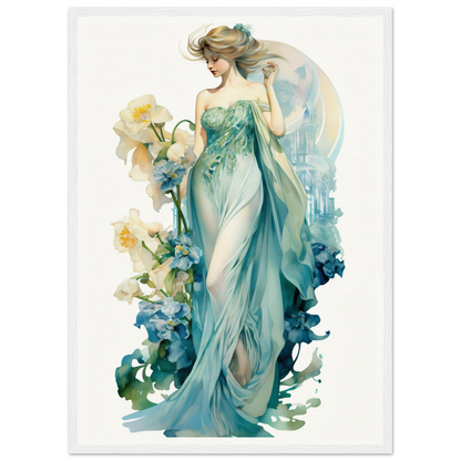 Elegant woman in a flowing teal gown surrounded by floral elements.