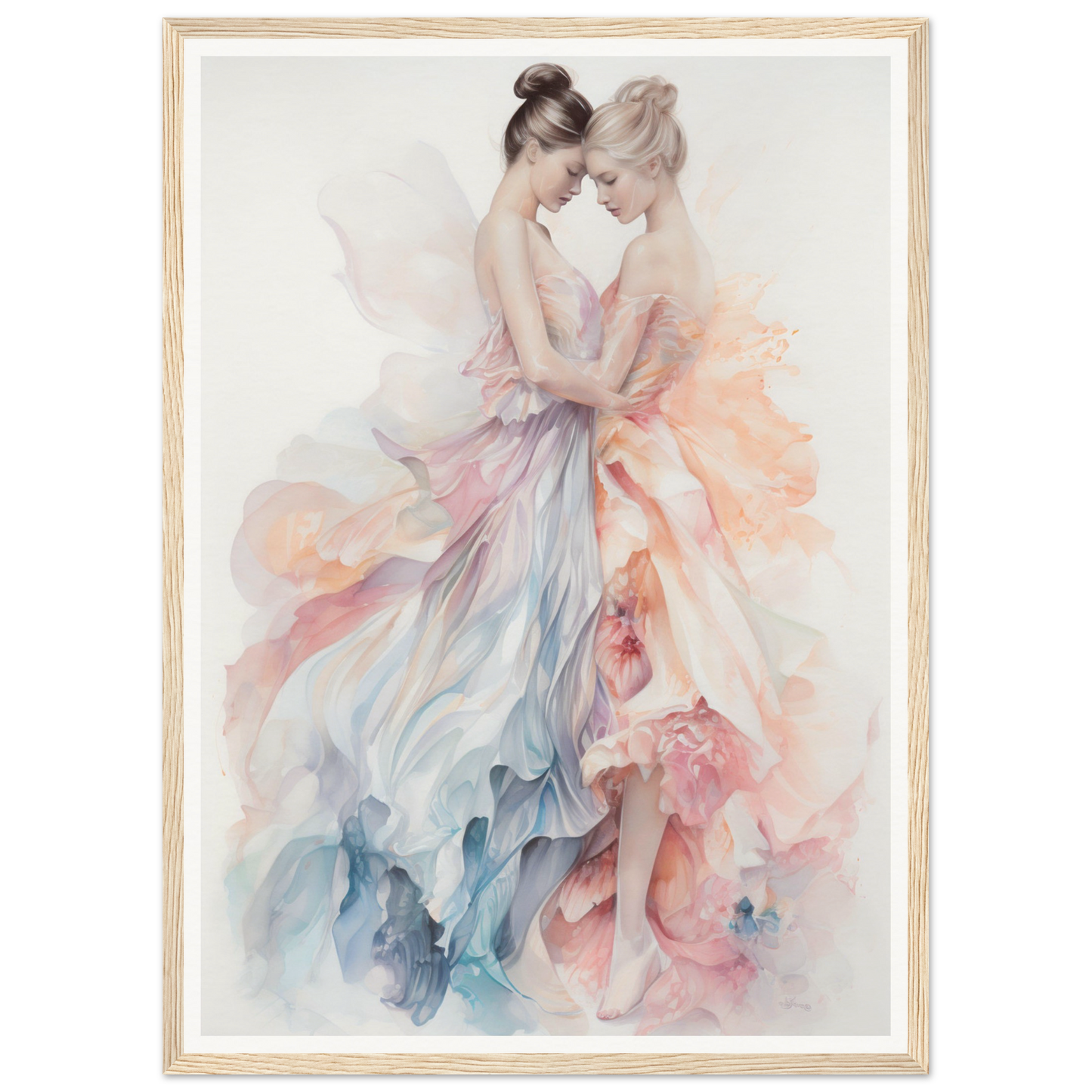 Watercolor painting of two ballet dancers in flowing pastel dresses.