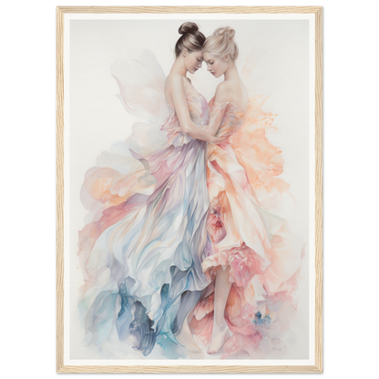 Watercolor painting of two ballet dancers in flowing pastel dresses.