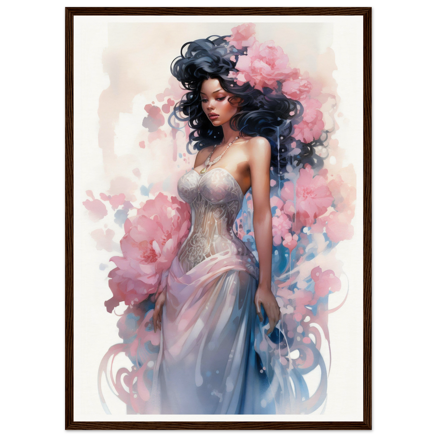 Ethereal painting of a woman in a flowing dress surrounded by swirling colors.