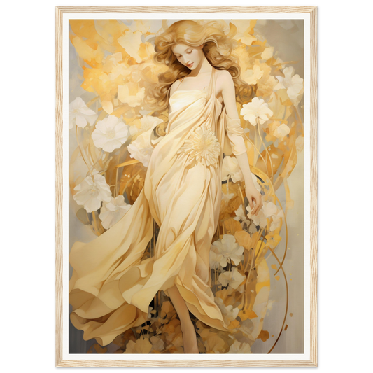 Ethereal female figure in flowing golden dress surrounded by abstract floral elements.