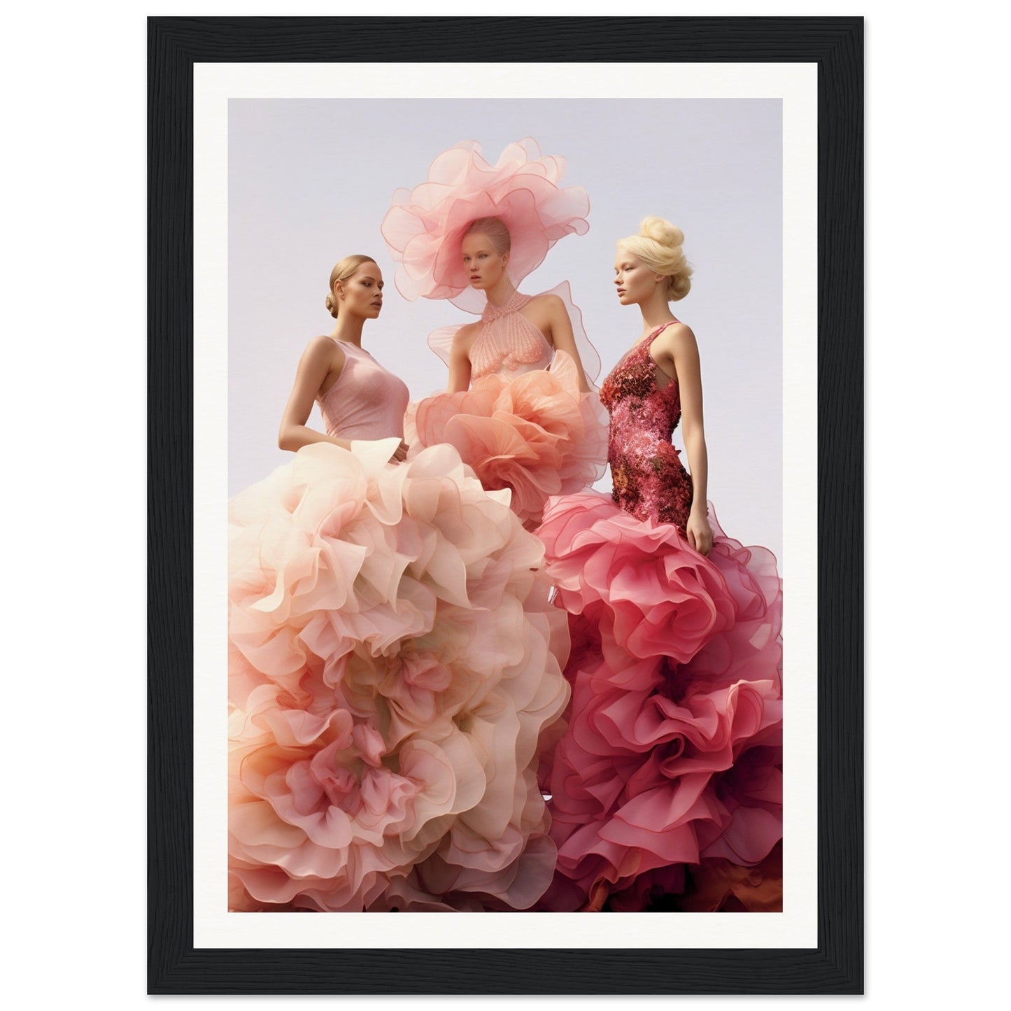 Three women wearing extravagant gowns with voluminous, petal-like skirts in shades of pink and red.