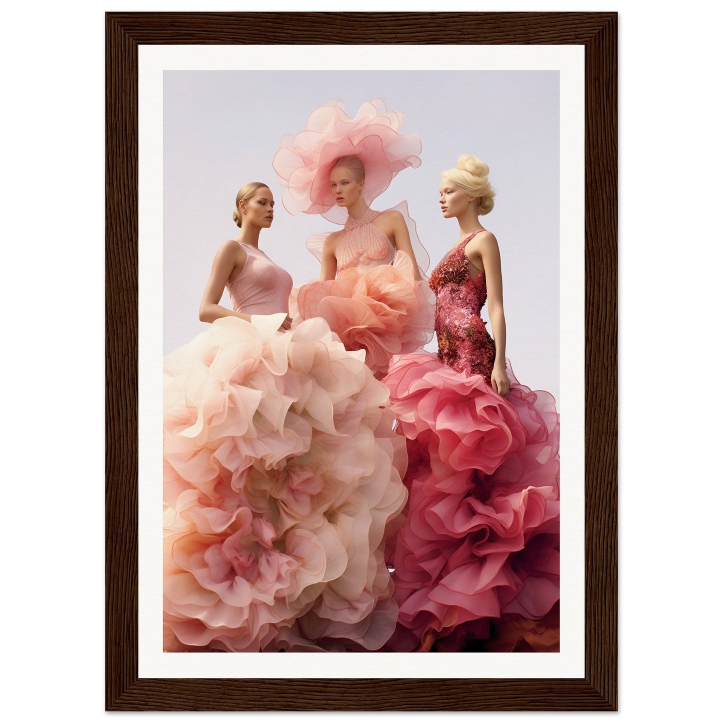 Three women wearing elaborate, voluminous gowns in shades of pink and red.