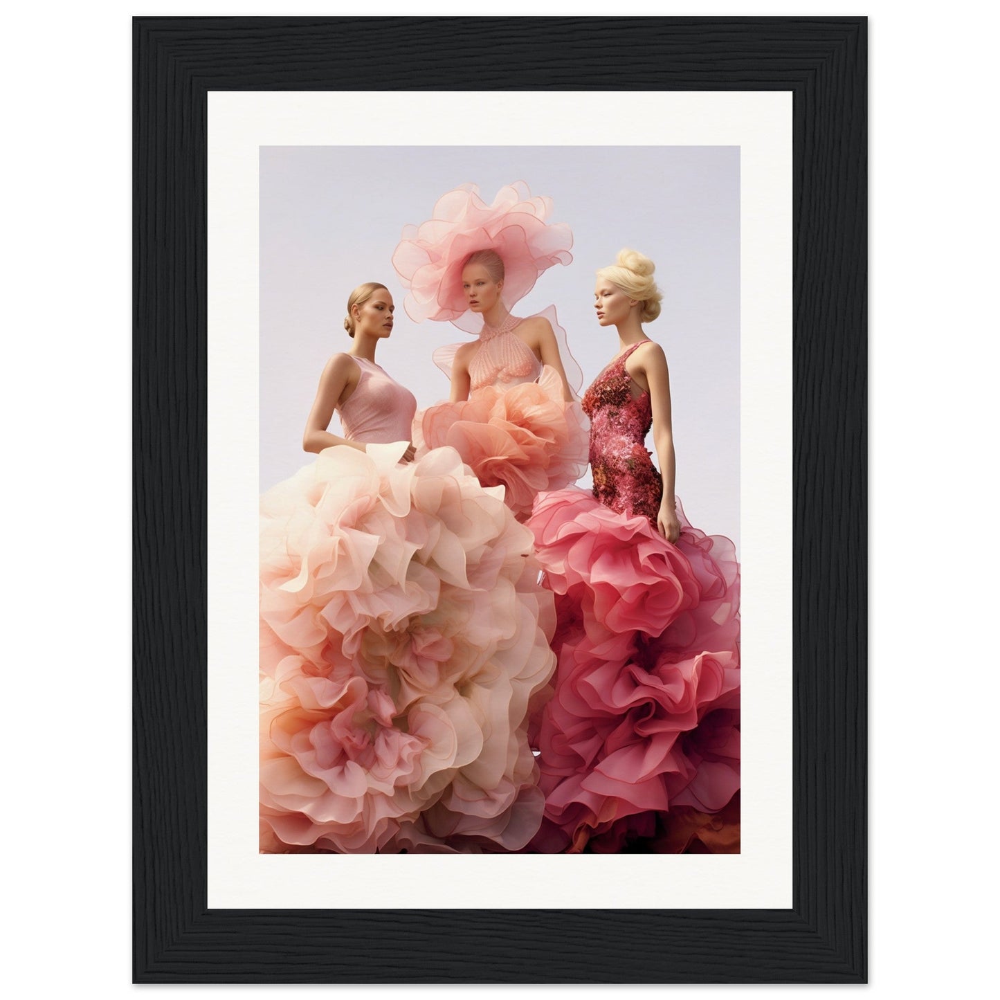 Framed artwork depicting three figures wearing elaborate floral-inspired gowns in shades of pink.