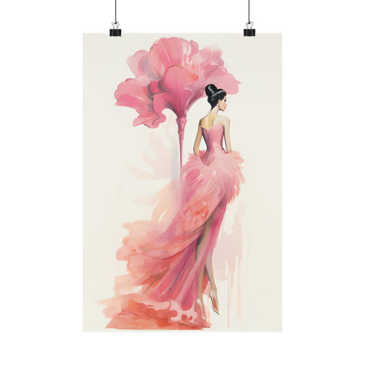 Elegant woman in a flowing pink gown with a floral-inspired headdress.