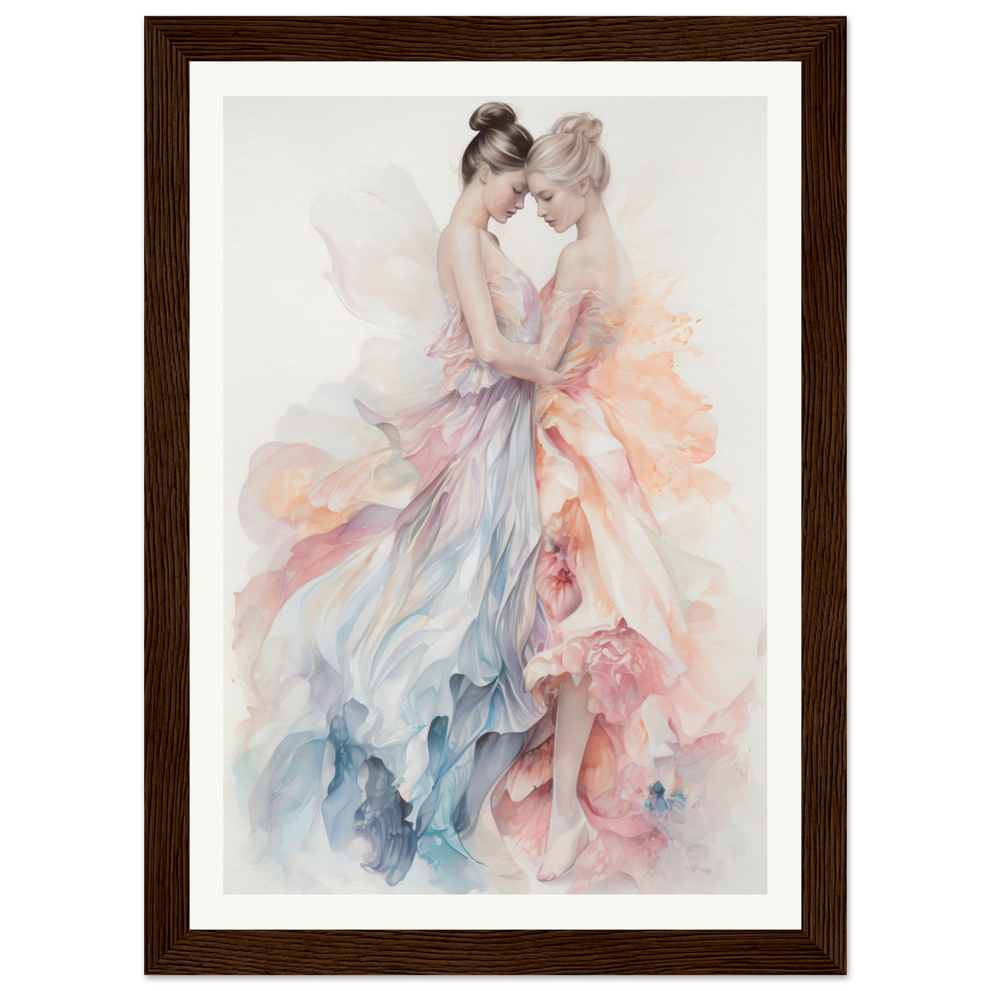 Watercolor painting of two ballet dancers in flowing, pastel-colored dresses embracing.