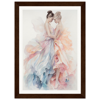 Watercolor painting of two ballet dancers in flowing, pastel-colored dresses embracing.