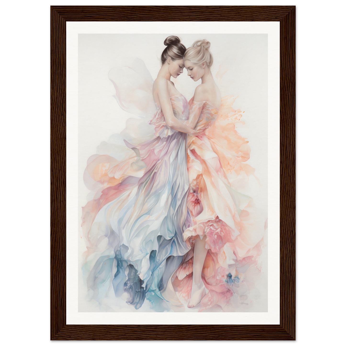 A framed poster of two women hugging from The Fashionable Figures The Oracle Windows™ Collection, perfect to transform your space with fashionable wall art.
