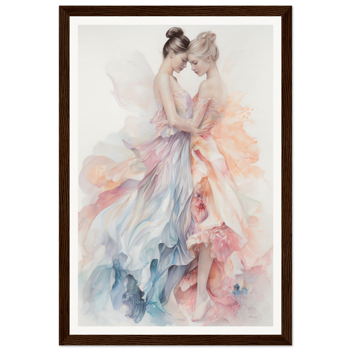 Watercolor painting of two ballet dancers in flowing pastel-colored dresses.