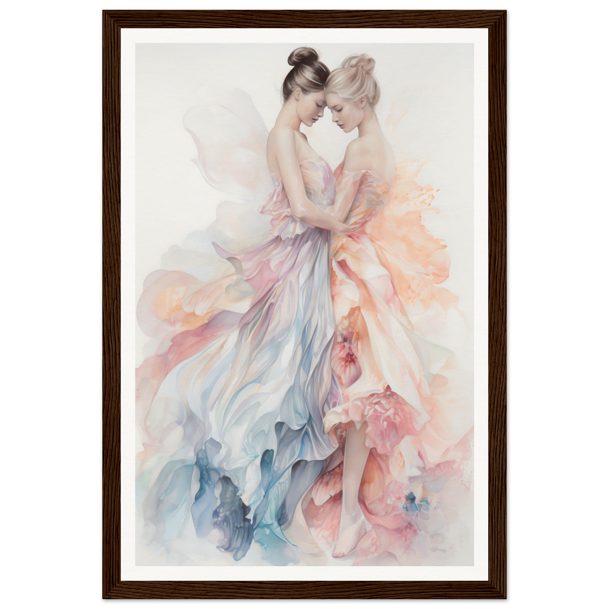A framed poster of two women hugging from The Fashionable Figures The Oracle Windows™ Collection, perfect to transform your space with fashionable wall art.