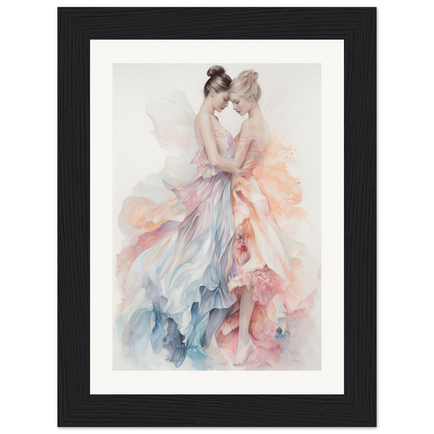 Watercolor painting of two ballet dancers in flowing pastel-colored dresses.