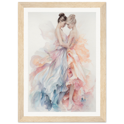 Watercolor painting of two ballet dancers in flowing, pastel-colored dresses embracing.