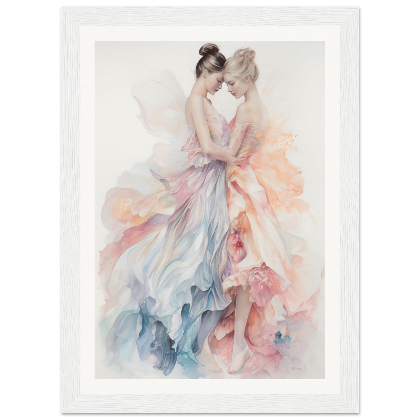 Watercolor painting of two ballet dancers in flowing, colorful dresses embracing.