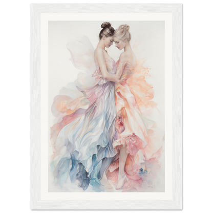 Watercolor painting of two ballet dancers in flowing, colorful dresses embracing.