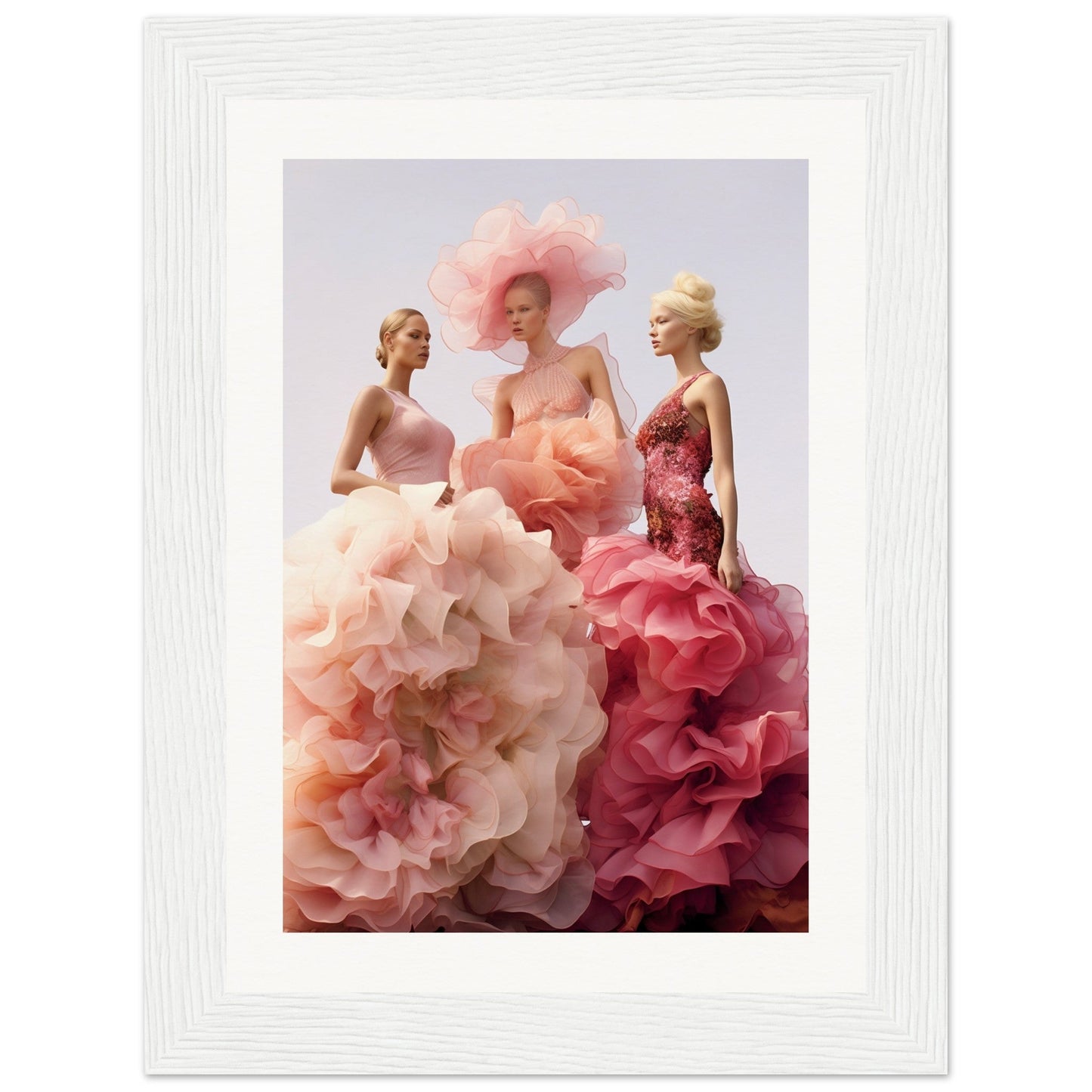 Framed artwork depicting three elegant figures wearing elaborate floral-inspired gowns in shades of pink and red.