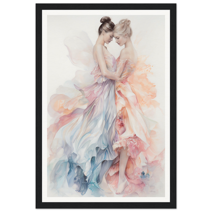 Watercolor painting of two ballet dancers in flowing, pastel-colored dresses embracing.