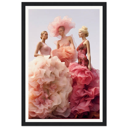 Three women wearing elaborate, voluminous gowns in shades of pink.