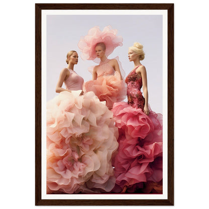 Three women wearing extravagant, voluminous gowns in shades of pink.