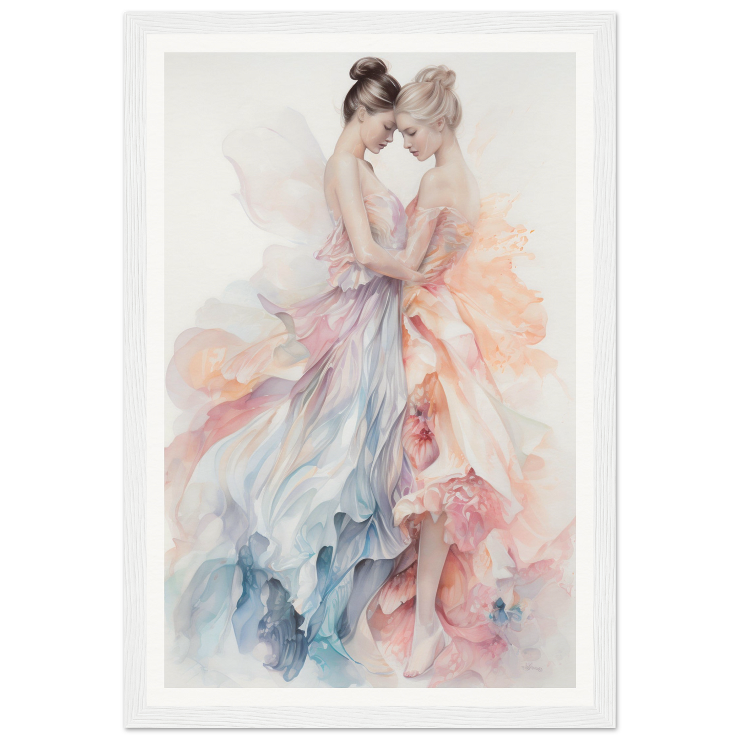 Watercolor painting of two ballet dancers in flowing, pastel-colored dresses.