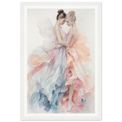 Watercolor painting of two ballet dancers in flowing, pastel-colored dresses.