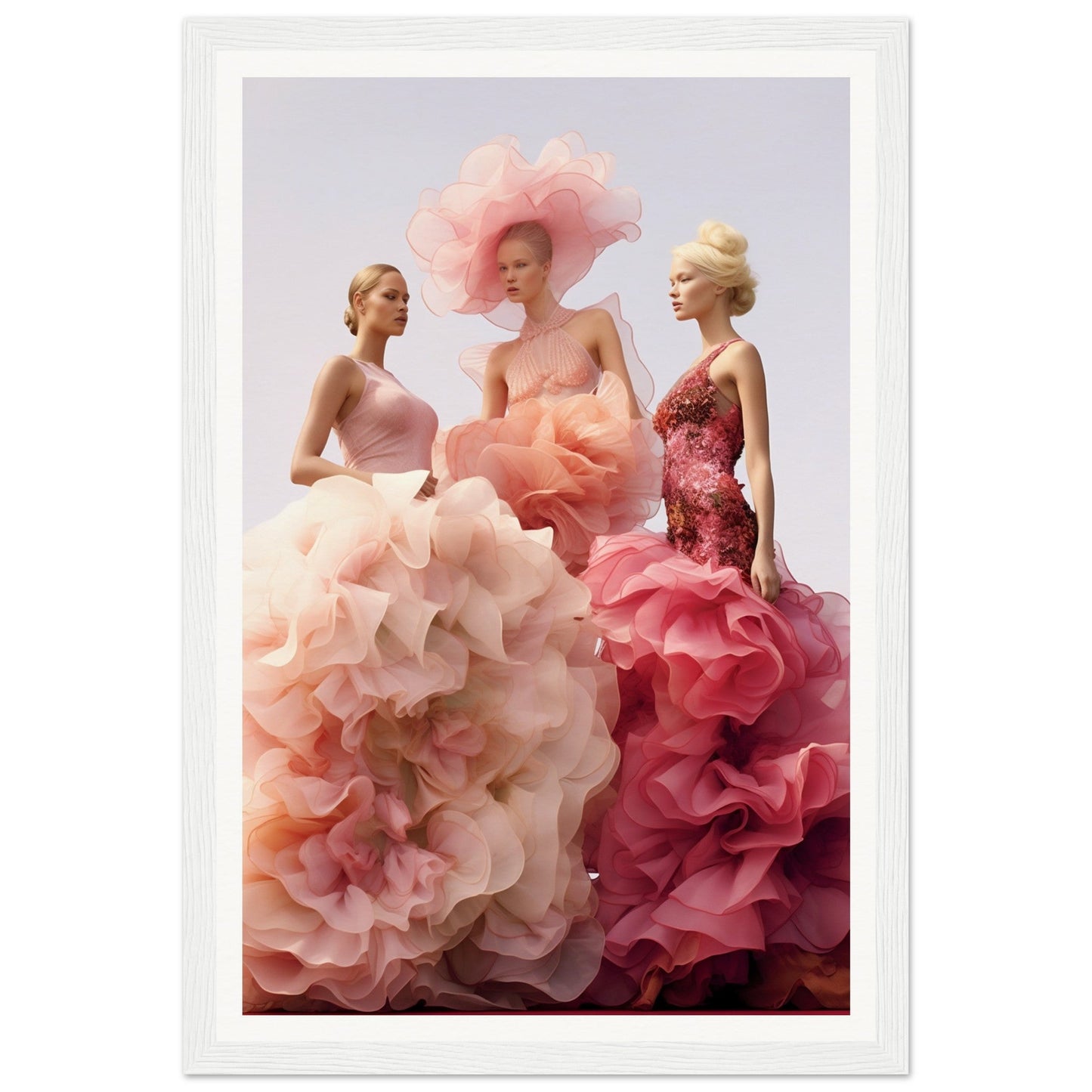 Three women wearing extravagant, voluminous gowns in shades of pink.