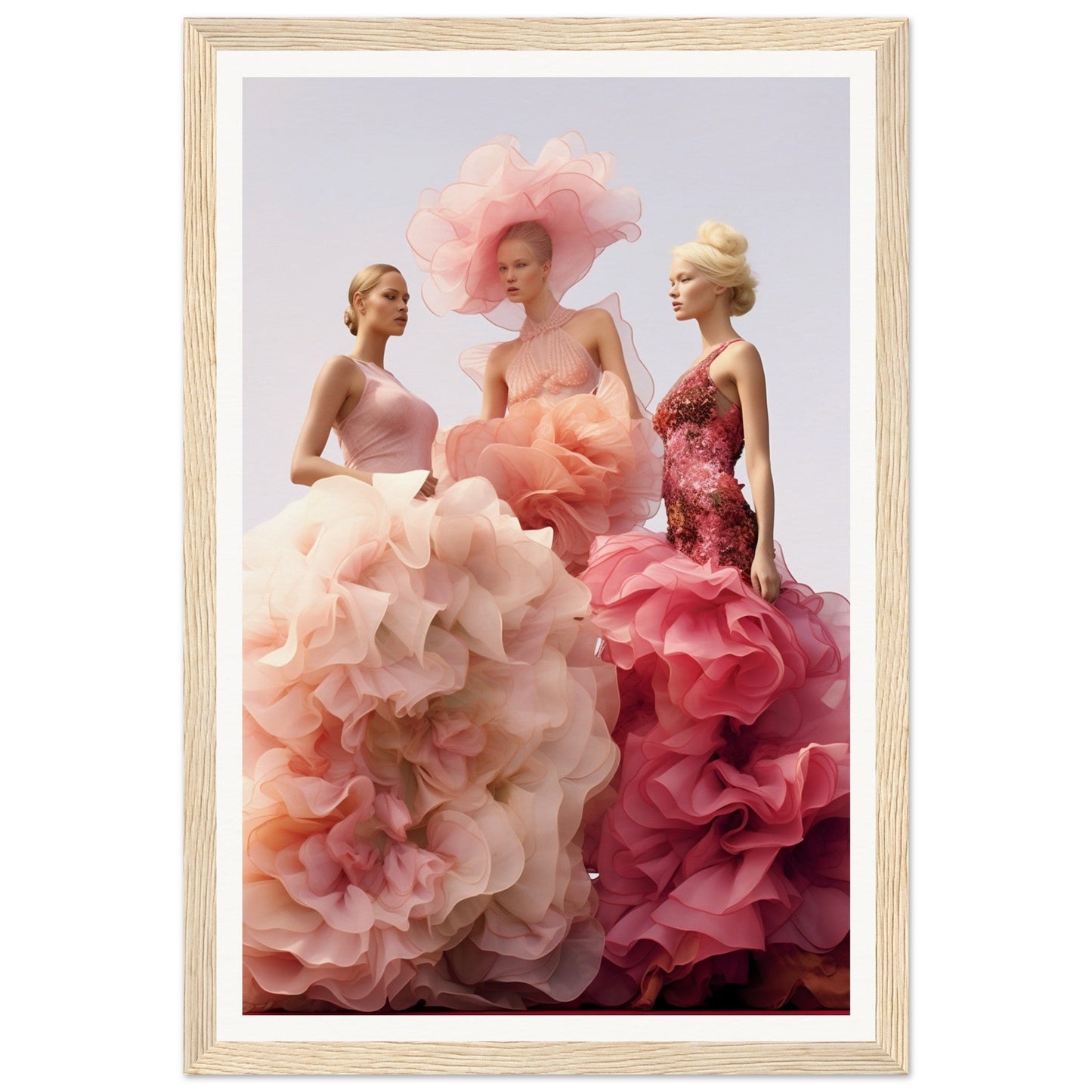 Three figures wearing elaborate, voluminous gowns in shades of pink and red.