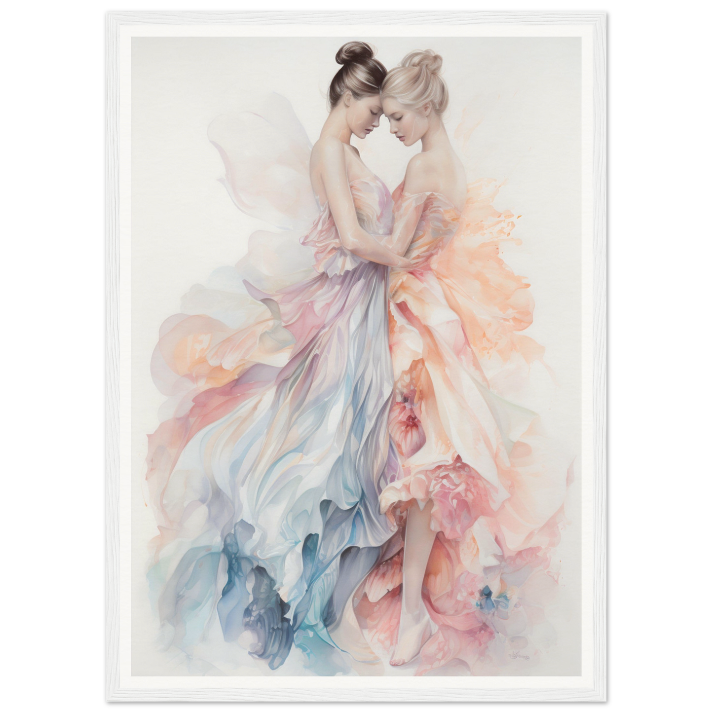 Watercolor painting of two ballet dancers in flowing, pastel-colored dresses.